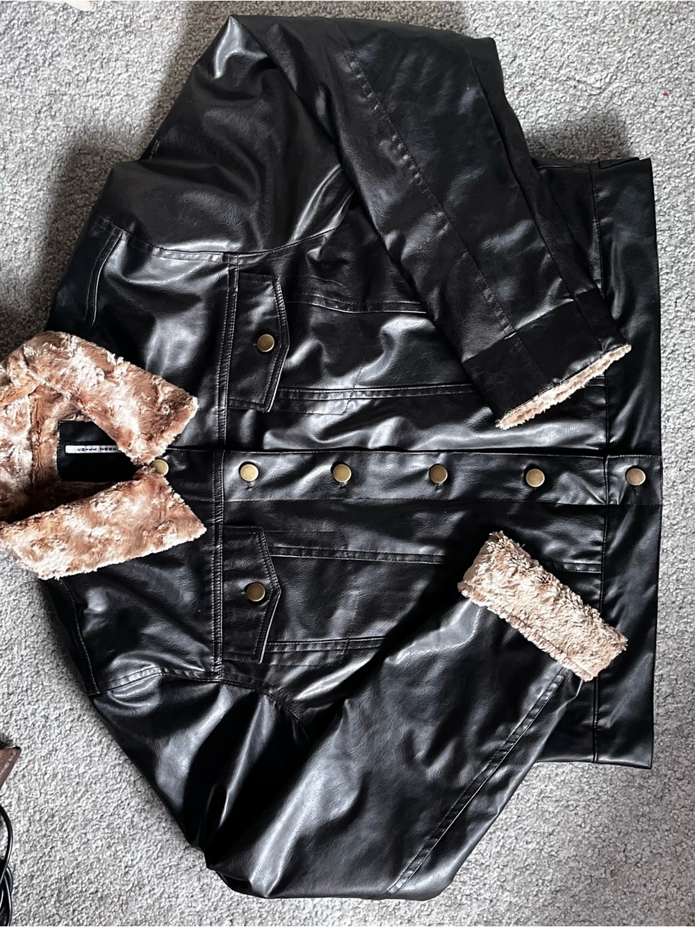 Black Faux Leather Jacket with Tan Faux Fur Trim